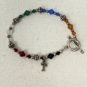 Sterling Silver Rainbow Crystal Cross Toggle Bracelet Religious Christian Marked